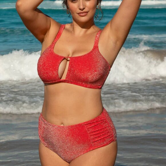 BERLOOK Red Lurex Plus Size Bikini Set Size 16 | NWT | Sparkly Cut Out - Picture 1 of 5